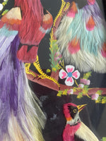 Pr Vintage Mexican Folk Art Paintings w/ Real Feathers Ornate Exotic Boho Decor