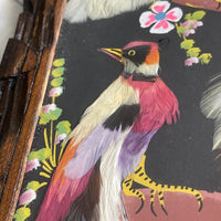 Pr Vintage Mexican Folk Art Paintings w/ Real Feathers Ornate Exotic Boho Decor