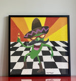 Dancing Chili Pepper Art Lowbrow Painting 25” Sq Framed Anthropomorphic Veggie