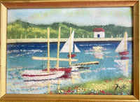 Sailboats And Mountains 1970s Copper Enamel Art Painting Signed FOX 10.5” x 8.5”