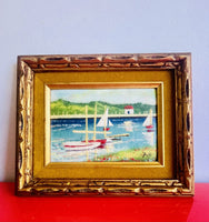Sailboats And Mountains 1970s Copper Enamel Art Painting Signed FOX 10.5” x 8.5”
