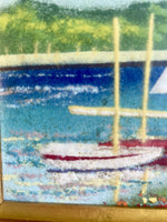 Sailboats And Mountains 1970s Copper Enamel Art Painting Signed FOX 10.5” x 8.5”