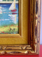 Sailboats And Mountains 1970s Copper Enamel Art Painting Signed FOX 10.5” x 8.5”
