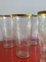 Delicate Vintage MCM Gold Rimmed Floral Etched Glass Tumblers 5.75” x 3” Moser?