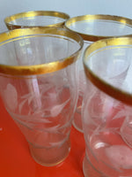 Delicate Vintage MCM Gold Rimmed Floral Etched Glass Tumblers 5.75” x 3” Moser?