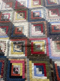 Vintage Hand Stitched Log Cabin Quilt Full/Queen 77” sq Lightweight Estate Find