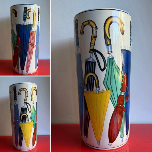 Hand Painted Postmodern 80s Ceramic Umbrella Holder Fornasetti Style Graphic Art