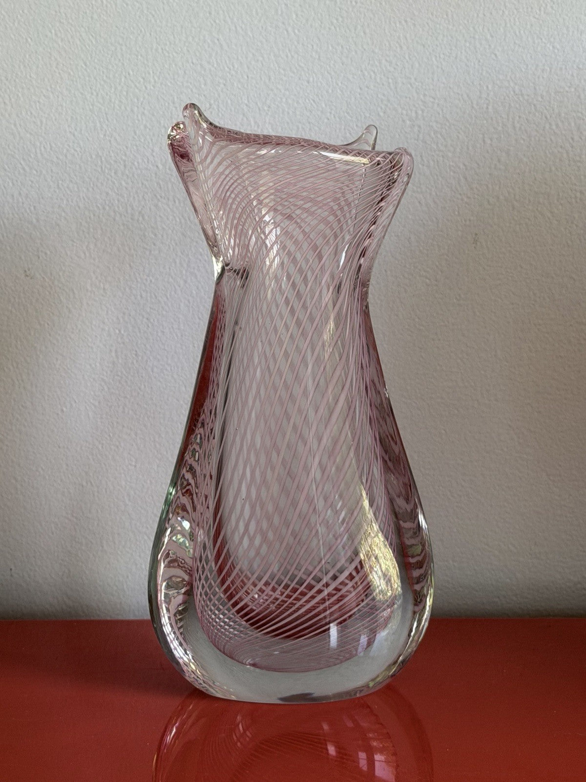 Art Glass Vase 12” Murano? Czech? 80s 90s Mod White Pink & Clear Lattice Estate3
