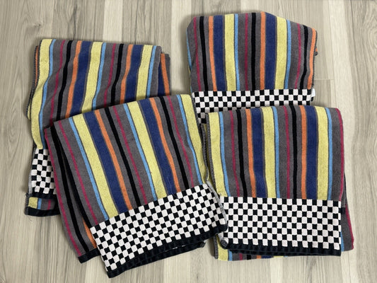 4 Mackenzie Childs Avant Garden Bath Towels Multicolor Stripes & Courtly Check0
