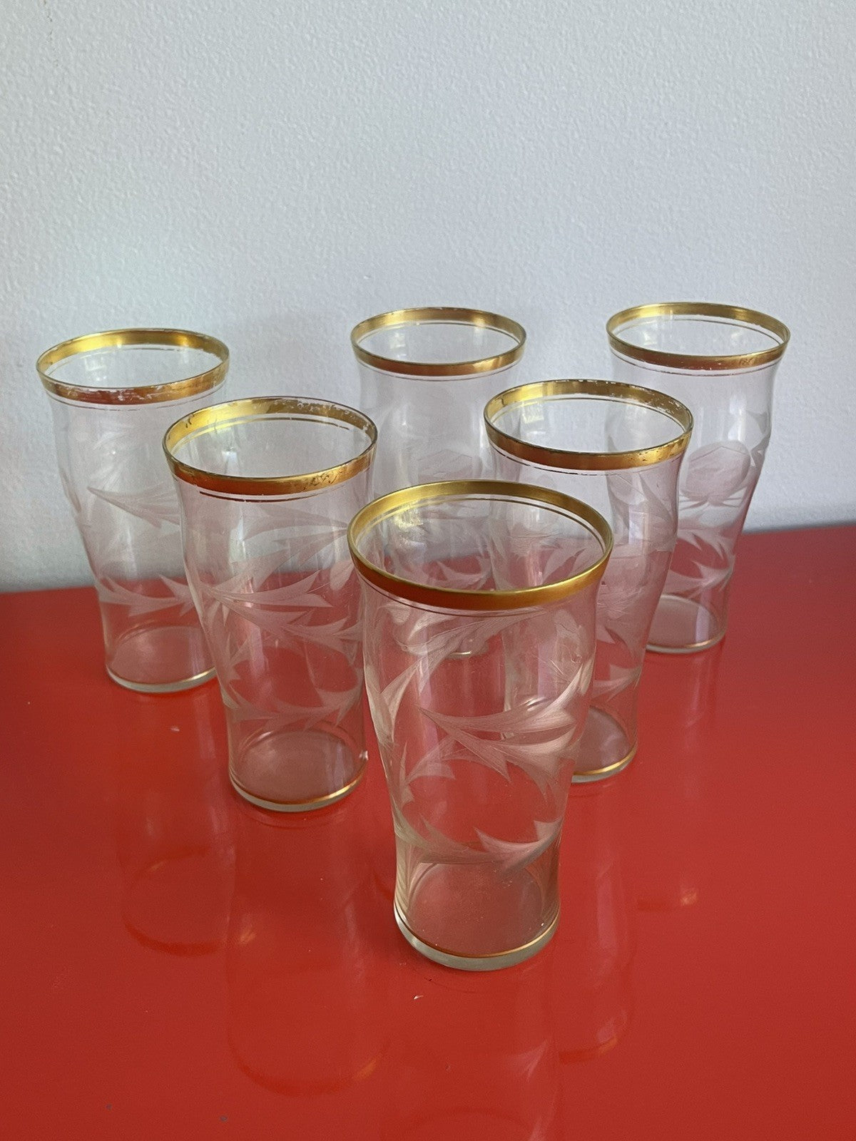 Delicate Vintage MCM Gold Rimmed Floral Etched Glass Tumblers 5.75” x 3” Moser?0