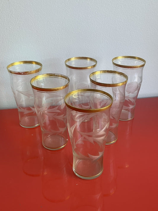 Delicate Vintage MCM Gold Rimmed Floral Etched Glass Tumblers 5.75” x 3” Moser?0