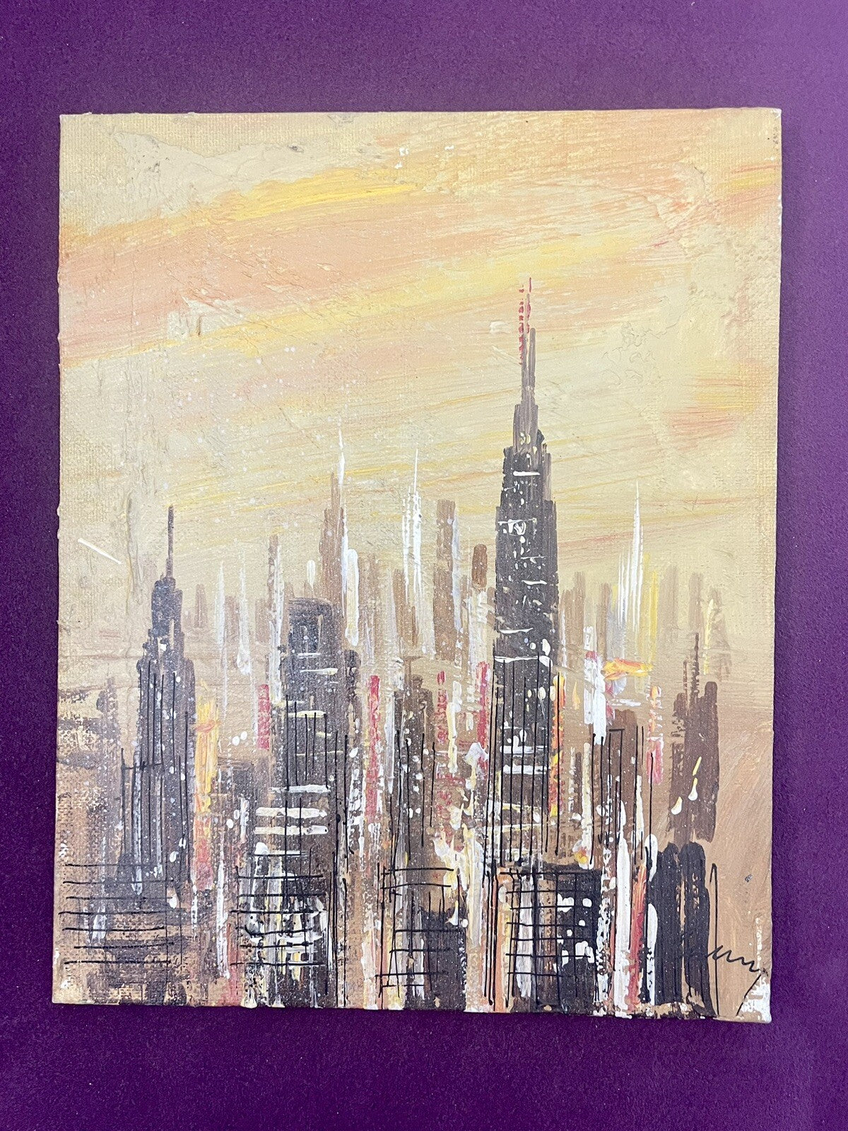 City Skyline Abstract Skyscrapers MCM Modernist Art Acrylic Painting Original0