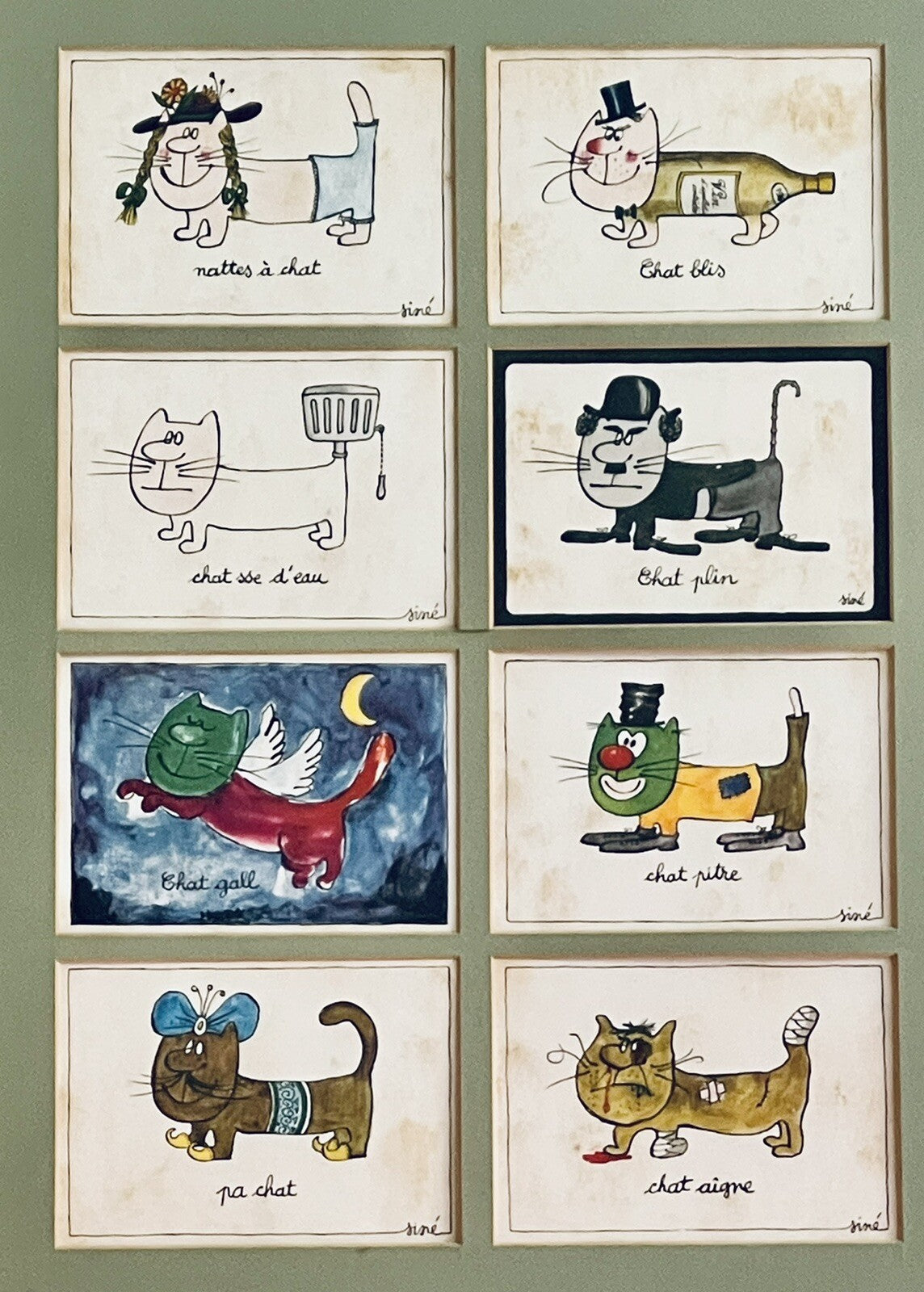 French Cat Postcards 60s 70s Visual Puns Cartoonist Maurice Sinet Framed Siné1