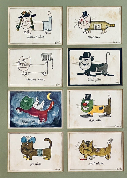 French Cat Postcards 60s 70s Visual Puns Cartoonist Maurice Sinet Framed Siné1