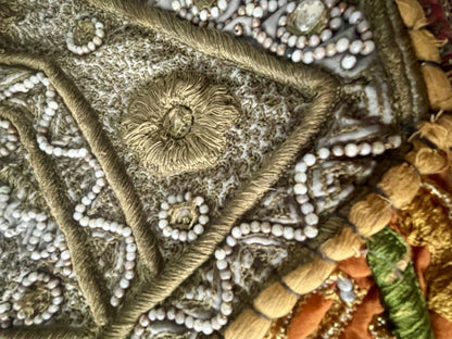 62” x 44” Antique Tapestry Wall Hanging Embellished w Sequins Pearls Gold Thread5