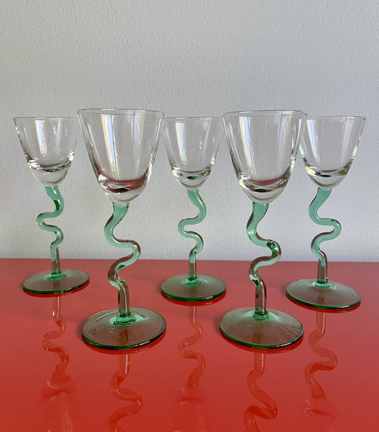 Delicate Vintage Cordial Aperitif Glasses (5) Unusual Twisted Stems Italy Spain0