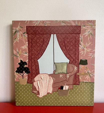 Trapunto Quilted Fabric Collage Art OOAK Interiors Retro McKnight Style (pair)1