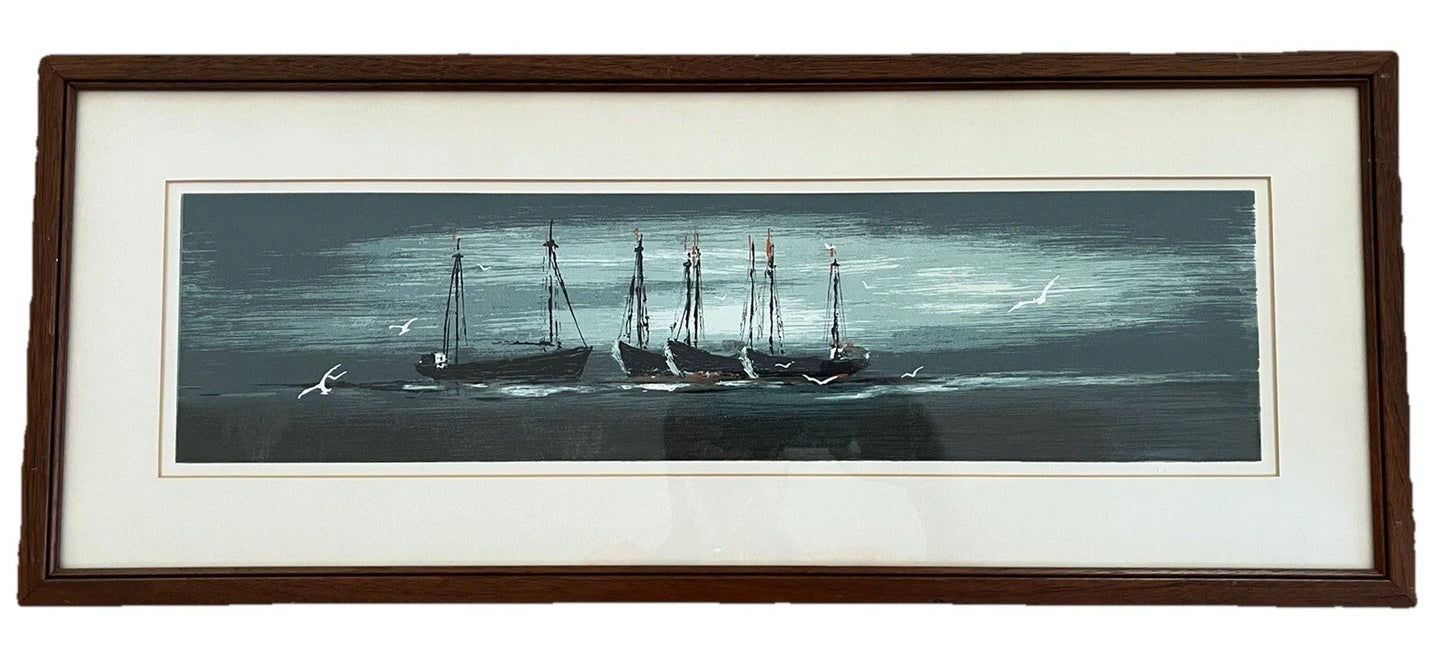 MCM Modernist Nautical Sailboats Panoramic Fine Art Print Vintage 50s 60s Framed0