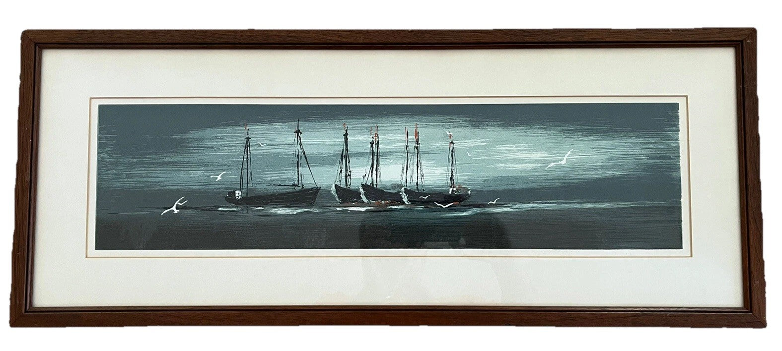 MCM Modernist Nautical Sailboats Panoramic Fine Art Print Vintage 50s 60s Framed0