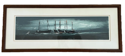 MCM Modernist Nautical Sailboats Panoramic Fine Art Print Vintage 50s 60s Framed0
