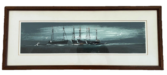 MCM Modernist Nautical Sailboats Panoramic Fine Art Print Vintage 50s 60s Framed0