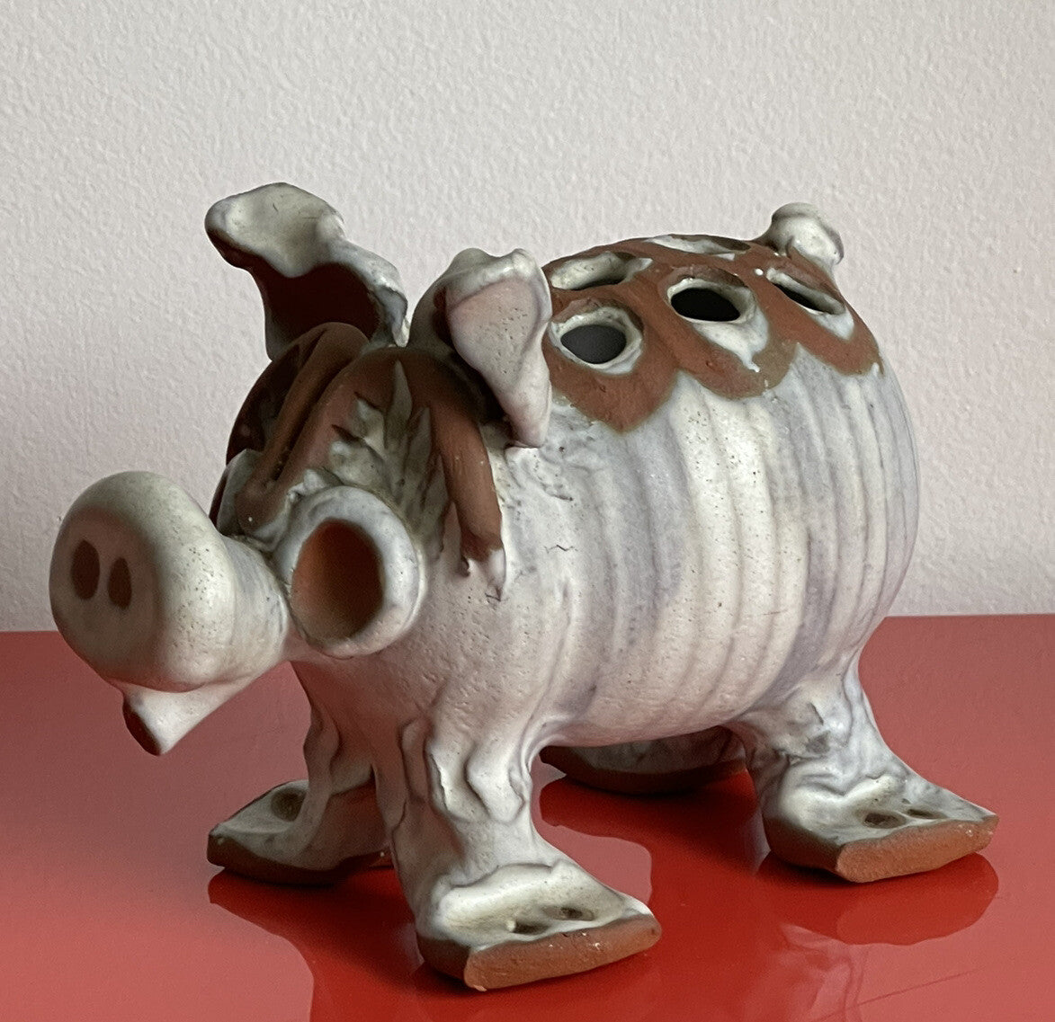 Stoneware Pig Glaze Clay Flower Frog or Pencil Holder Folk Art Pottery Cottage1