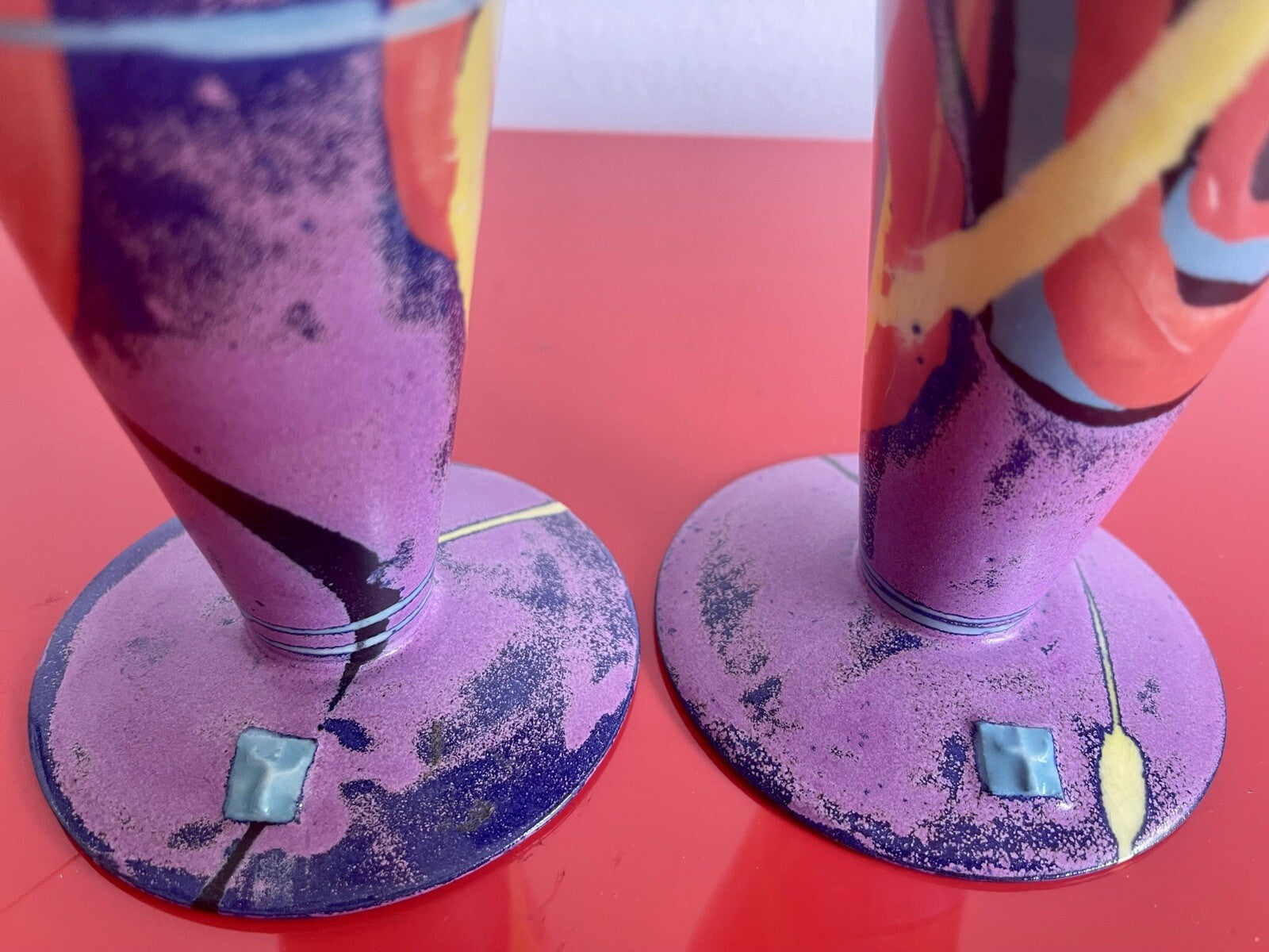 Vase Vessel Pair Postmodern Memphis Pop Art 90s Signed Studio Pottery Ceramic 7”4