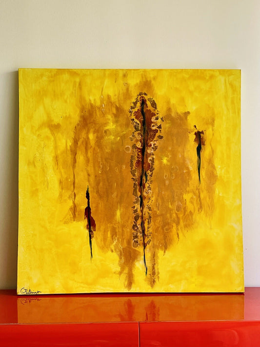 HUGE Retro 1970s Original Painting 36” x 36” Sunshine Yellow Abstract Art Signed0
