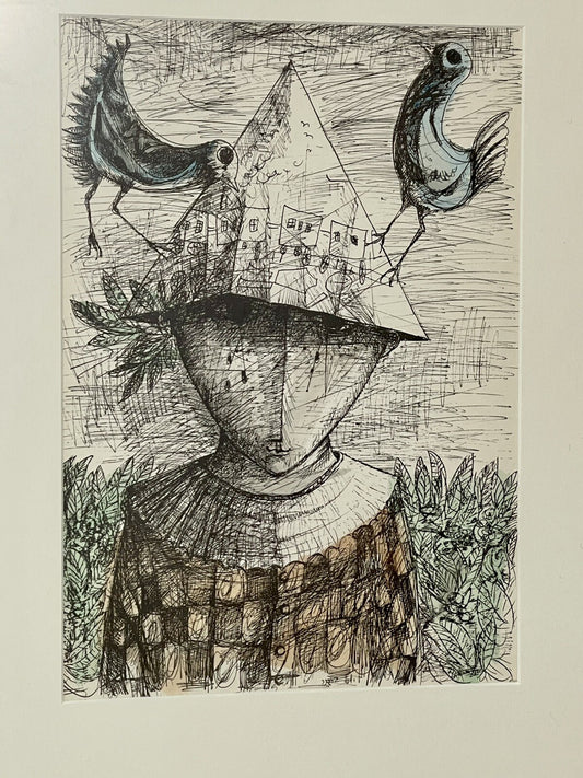 Postmodern Israeli Yosl Bergner Surrealist Fine Art Hand Colored Lithograph 70s0