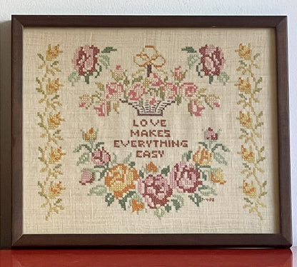 Sampler Art Pair Vintage 1970s Embroidery Needlepoint LOVE Floral Cottage Retro2