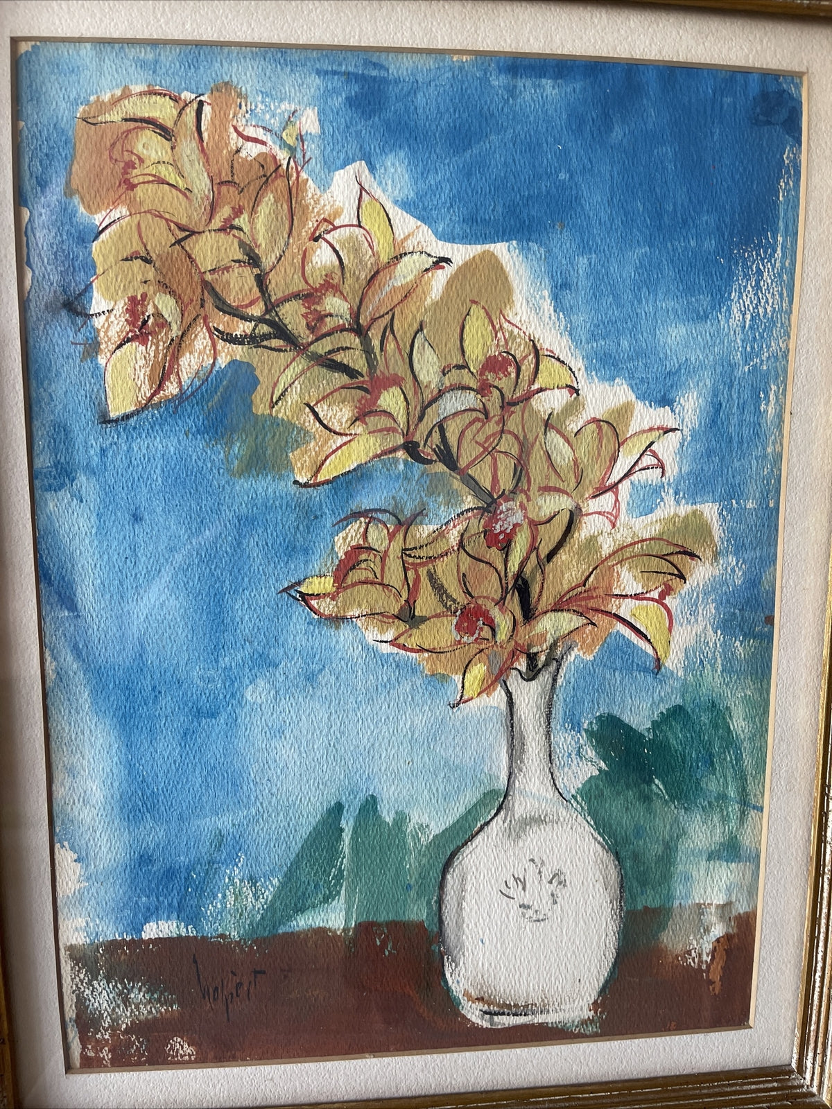 Original Signed MCM Modernist Framed Art Watercolor Painting Still Life Flowers1