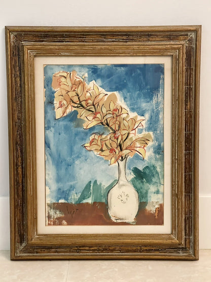 Original Signed MCM Modernist Framed Art Watercolor Painting Still Life Flowers0