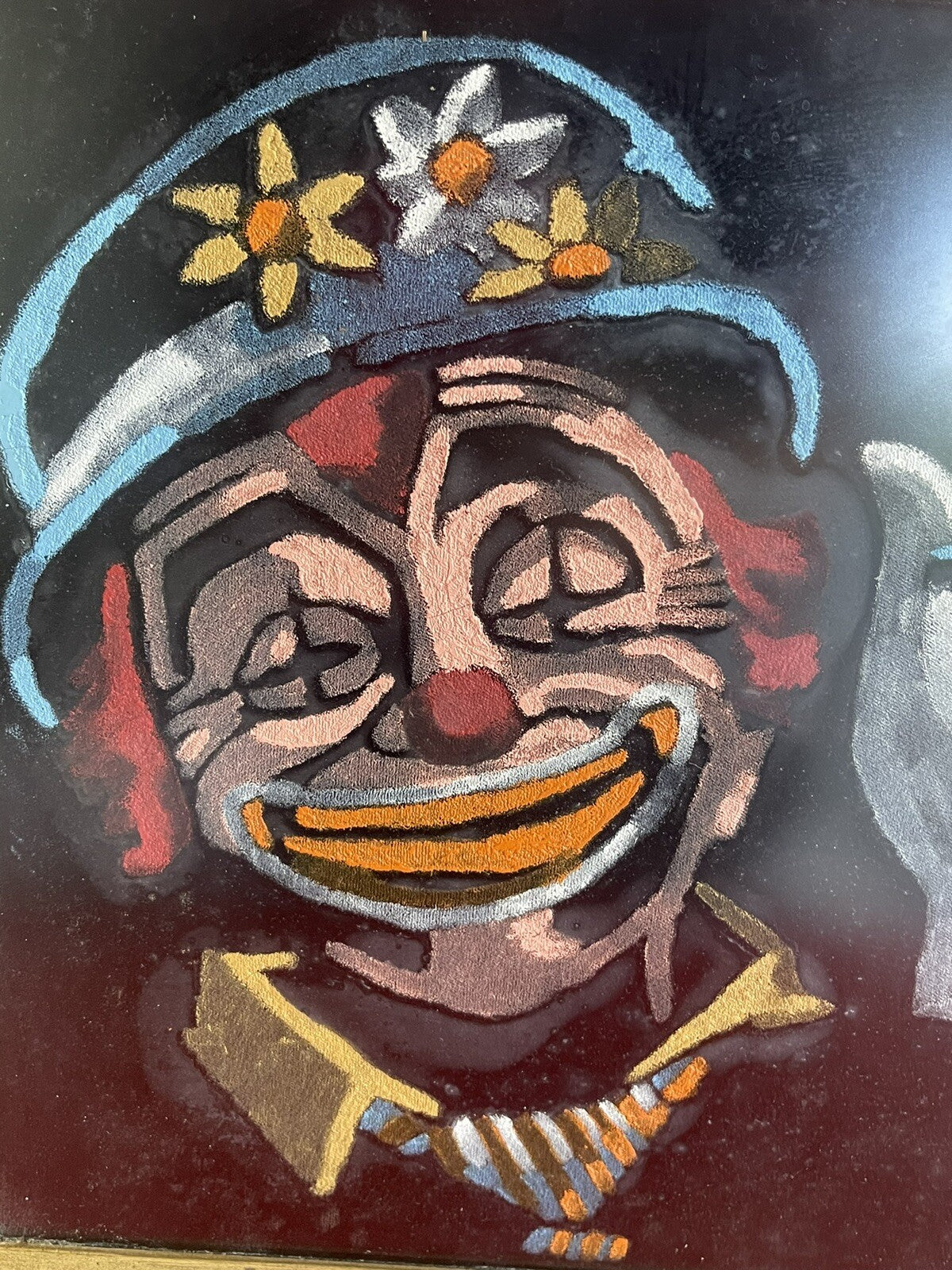 Kitsch Clown Velvet Portrait Framed Under Glass Wacky Weird Art 1960s 1970s1