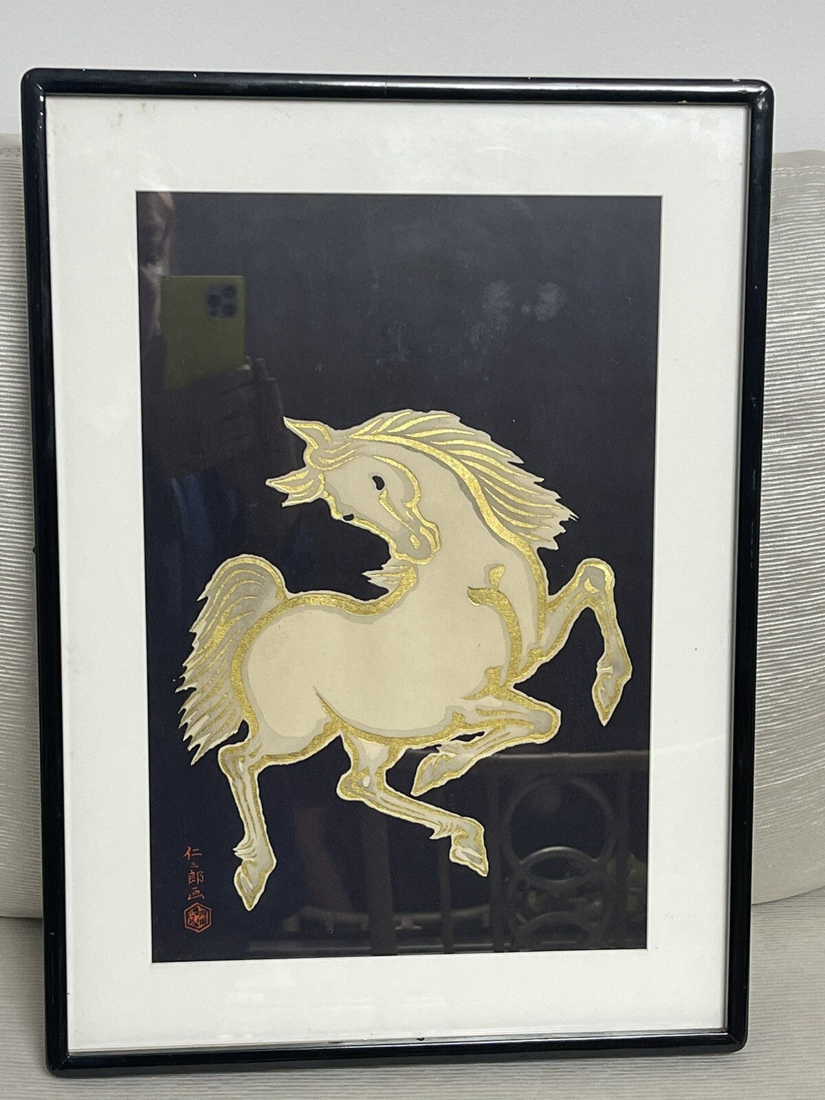 Nisaburo Ito “Gold Horse” Framed Woodblock Print 1950s MCM Japan Midcentury Mod0