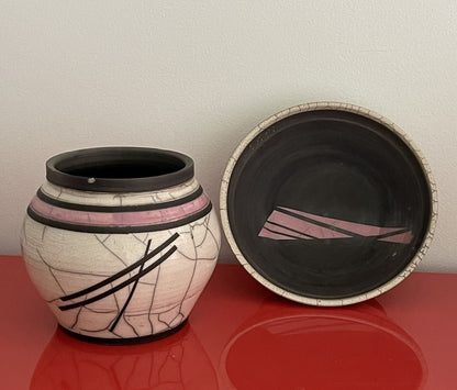 Studio Art Pottery (x2) Postmodern Signed SKIP Abstract Raku Ceramic Vessel Bowl1