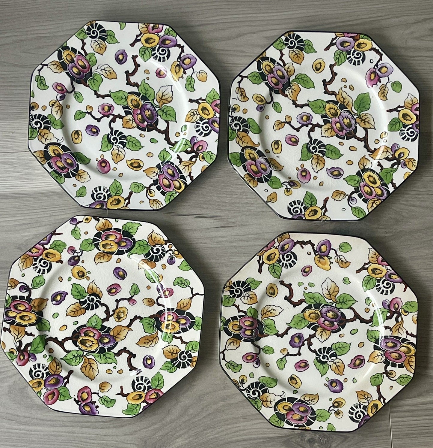 (4) Antique Floral Chintz Octagonal Dessert Plates Regal Ware RPC UK 1930s 1940s0