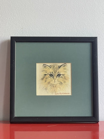 OOAK Cat Kitten Hand-Colored Pastel Lithograph Art Signed Gatterbauer Framed #51