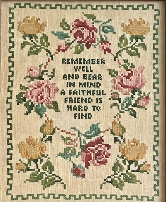 Retro 70s Embroidery Needlepoint Sampler Art FAITHFUL FRIEND Floral Cottage Core0