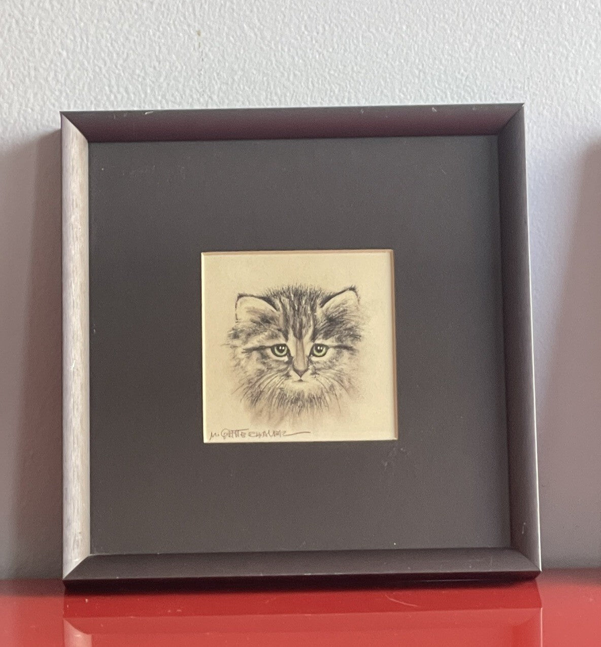 OOAK Cat Kitten Hand-Colored Pastel Lithograph Art Signed Gatterbauer Framed #41