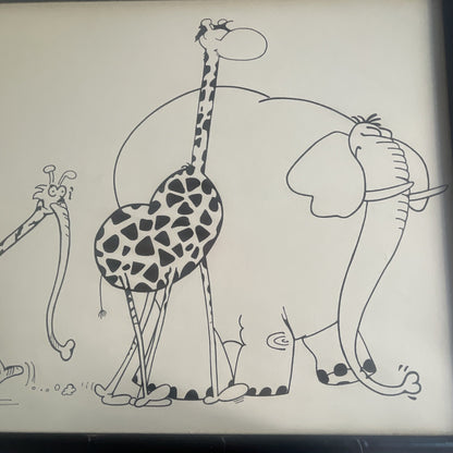 Guillermo Mordillo 1970s Argentina Cartoonist Framed Art Giraffe Elephant Couple2