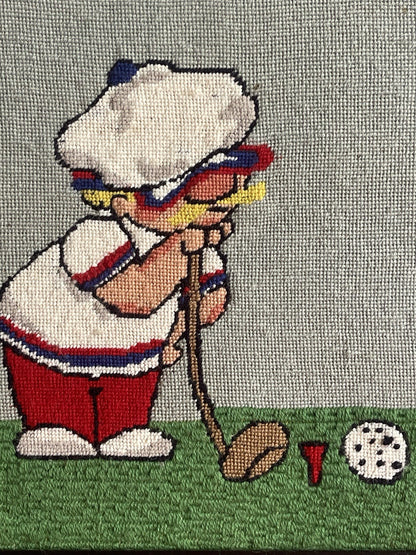 Comic 1970s Framed Sports Needlepoints GOLF TENNIS Groovy Kitsch Retro 16” x 16”1