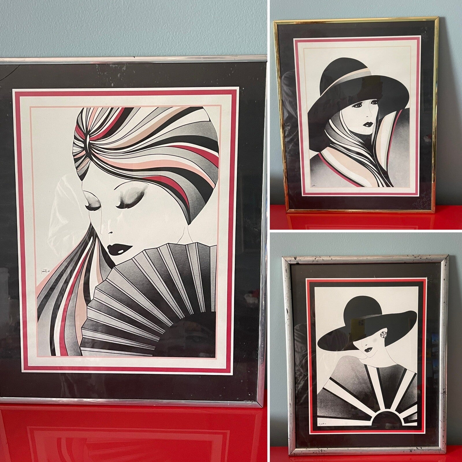 Glam JEANNETTE Signed Vintage Retro Framed Set of 3 Art Deco Prints Mod Nagel0