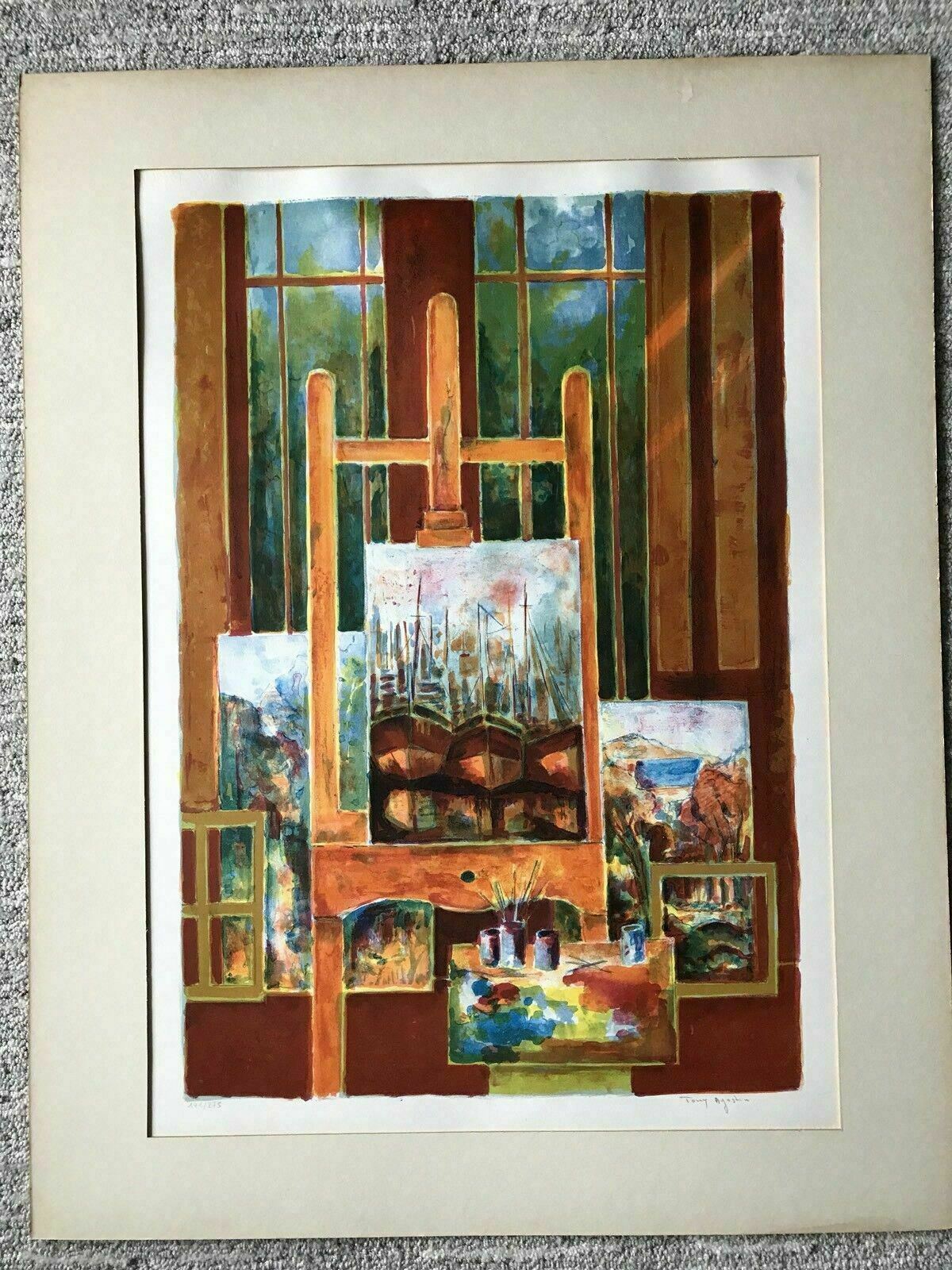 MCM LITHOGRAPH SIGNED Tony Agostini Vintage Artists Studio Orange Easel NUMBERED1