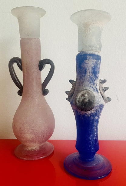 Vintage Italian Art Glass Etruscan Style Candlestick Pair MCM Hand Blown Scavo0