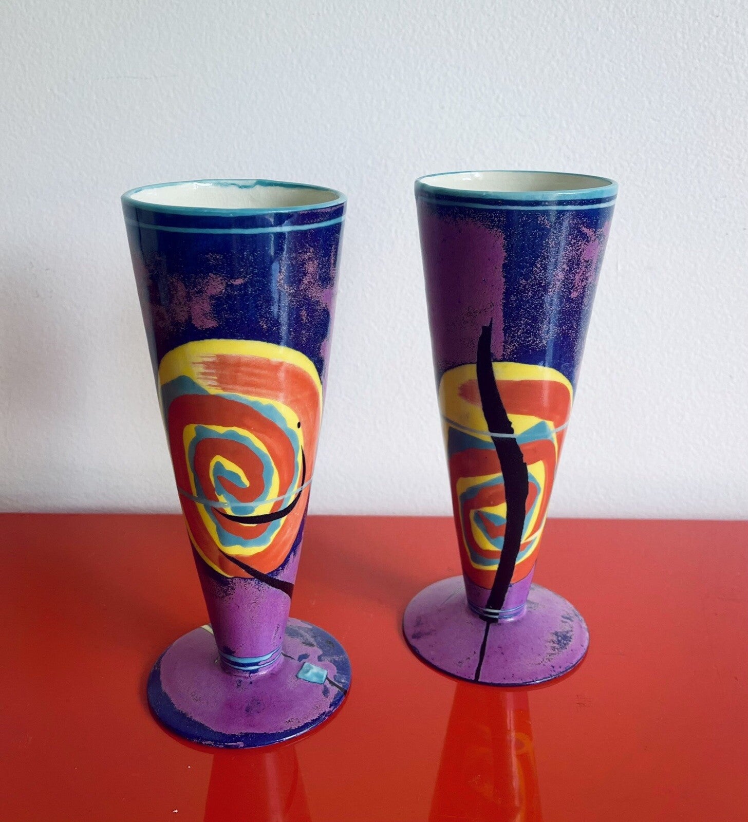 Vase Vessel Pair Postmodern Memphis Pop Art 90s Signed Studio Pottery Ceramic 7”0