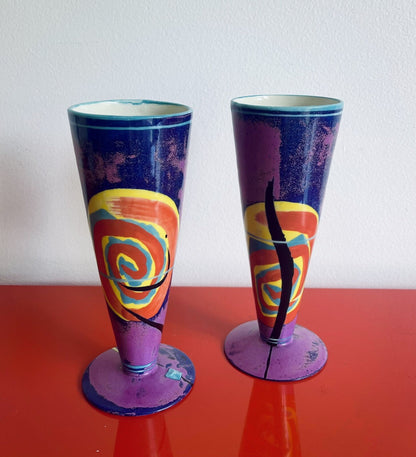 Vase Vessel Pair Postmodern Memphis Pop Art 90s Signed Studio Pottery Ceramic 7”0