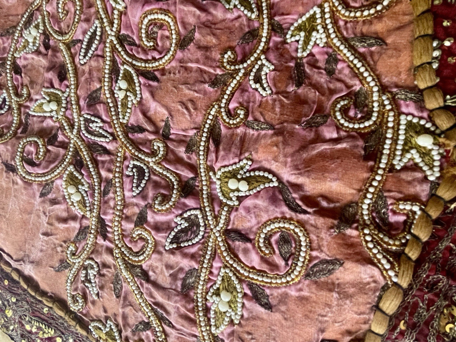 62” x 44” Antique Tapestry Wall Hanging Embellished w Sequins Pearls Gold Thread2