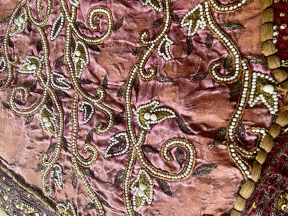 62” x 44” Antique Tapestry Wall Hanging Embellished w Sequins Pearls Gold Thread2