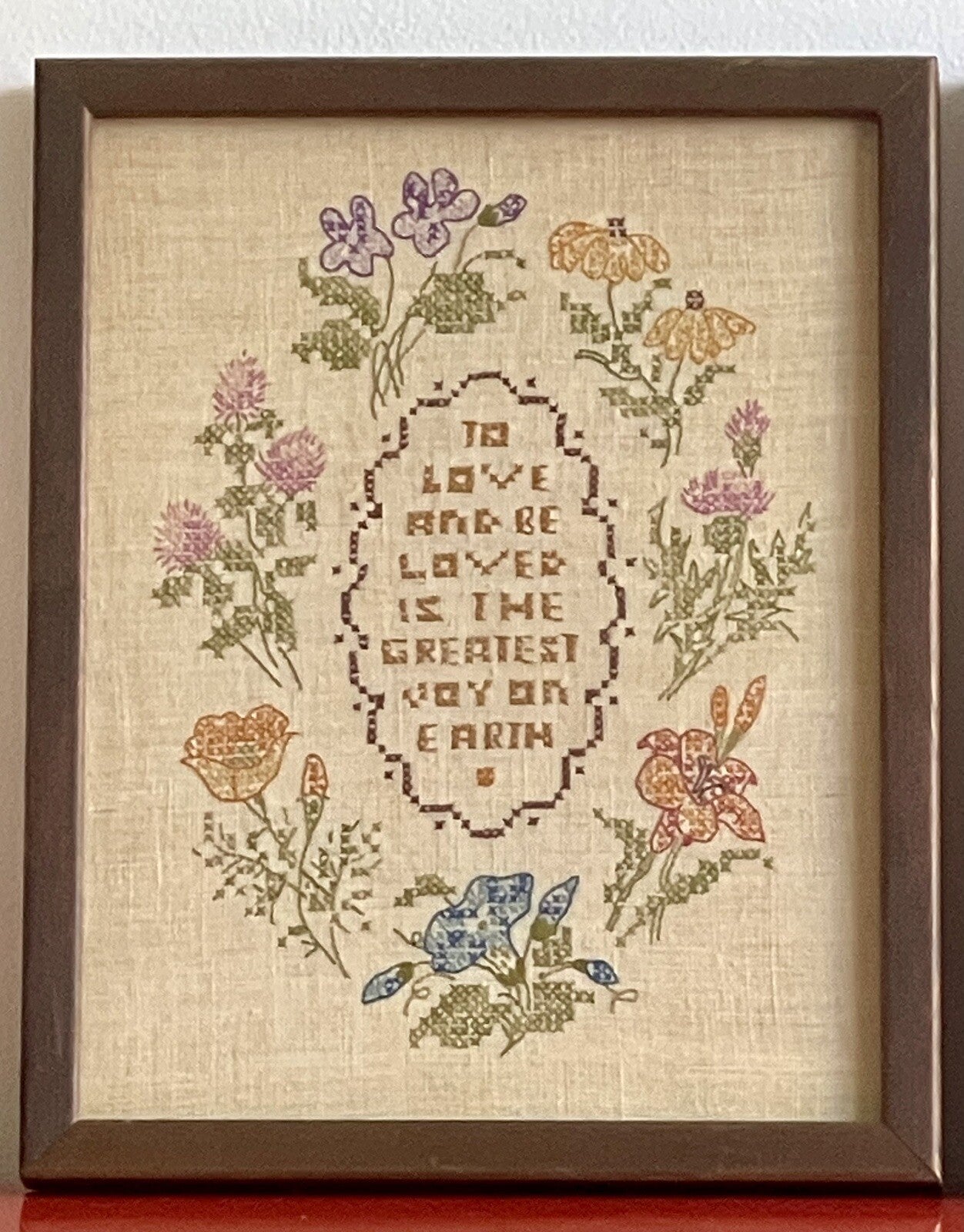 Sampler Art Pair Vintage 1970s Embroidery Needlepoint LOVE Floral Cottage Retro1