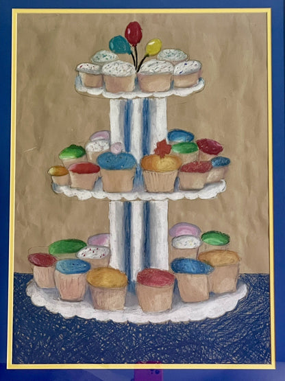 MOD Cupcakes Mixed Media Pop Art Painting Thiebaud Vibes 80s 90s AWESOME FRAME0